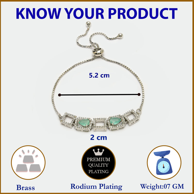 Rhodium Plated Silver Toned White Square Cut Mint Green Teardrop Ad Studded Wraparound Adjustable Bracelet