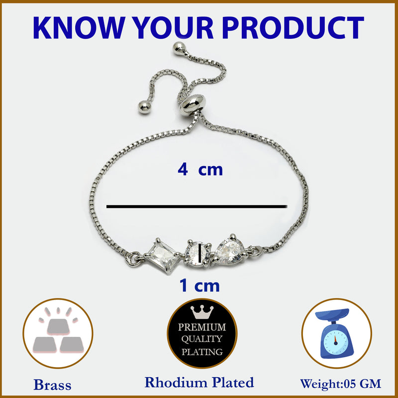 Rhodium Plated Silver Toned White American Diamond Studded Wraparound Bracelet