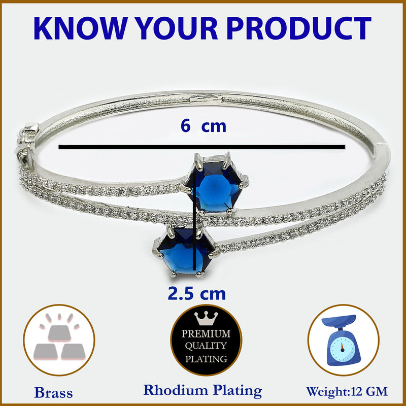 Rhodium Plated Silver Toned Round Shaped  Blue American Diamond Studded  Bracelet
