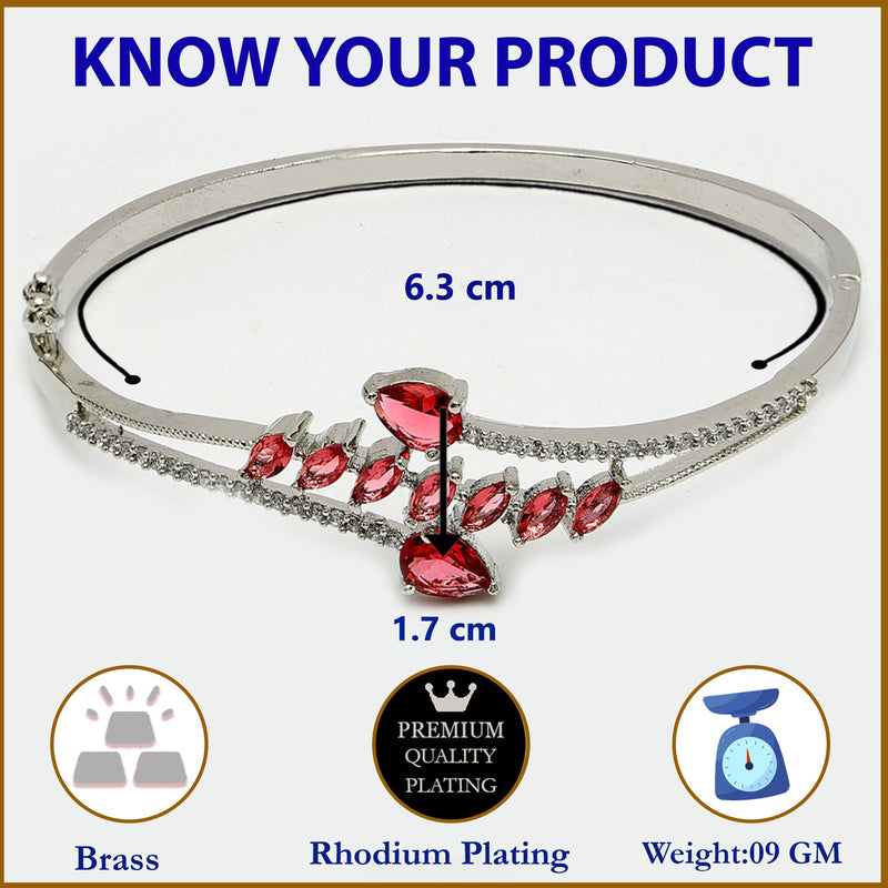 Rhodium Plated Silver Toned  Leaf Design Red Teardrop American Diamond Studded Cuff Bracelet