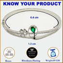 Rhodium Plated Silver Toned Green Teardrop American Diamond Studded Cuff Bracelet