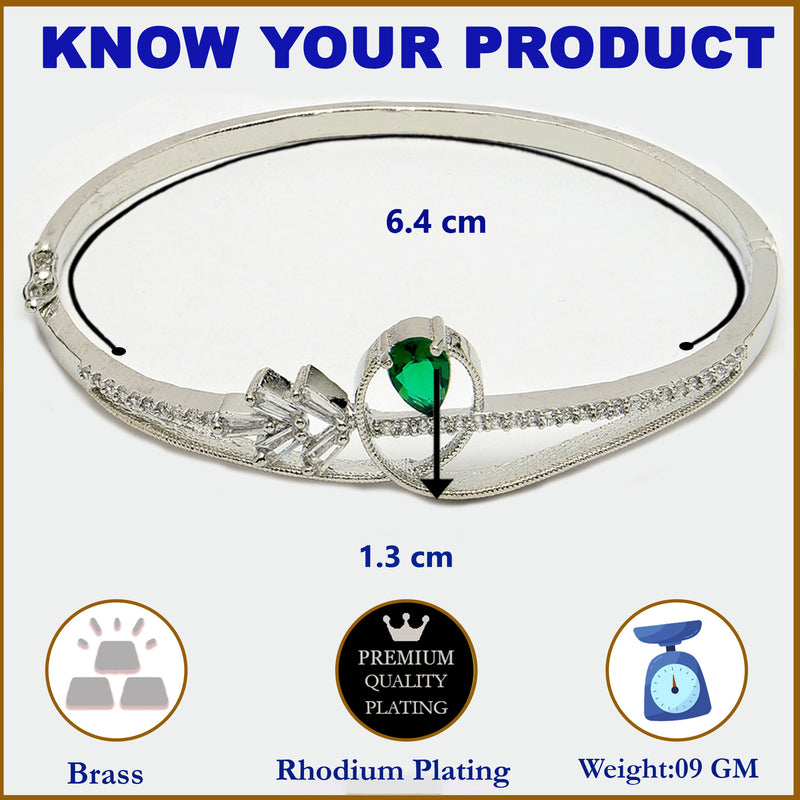 Rhodium Plated Silver Toned Green Teardrop American Diamond Studded Cuff Bracelet