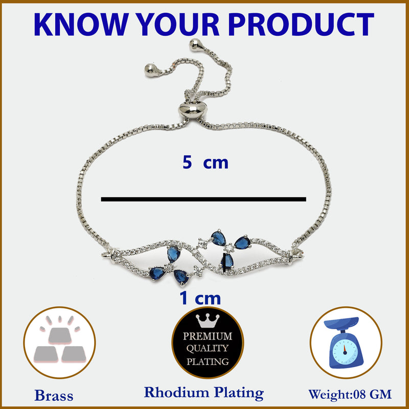 Rhodium Plated Silver Toned Floral Royal Blue American Diamond Studded Bracelet