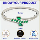 Rhodium Plated Silver Toned Leaf Design Green Teardrop American Diamond Studded Cuff Bracelet