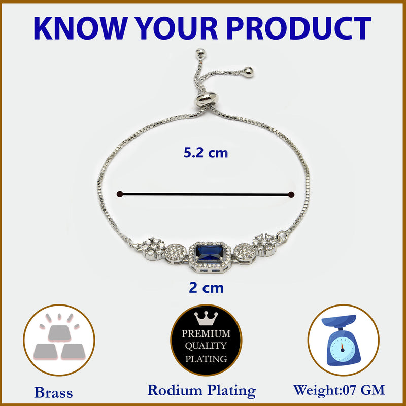 Rhodium Plated Silver Toned Blue Square Centerpiece Ad Studded Bracelet With Beads & Floral Accents  Wraparound Adjustable Bracelet