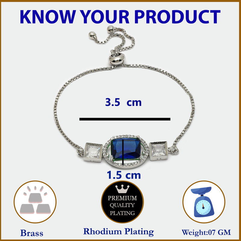 Rhodium Plated Silver Toned Rectangular Royal Blue American Diamond Studded Bracelet