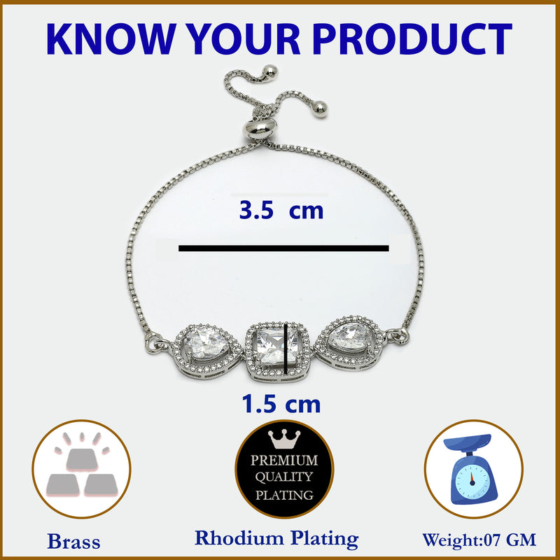 Rhodium Plated Silver Toned Square Shaped White American Diamond Studded Bracelet