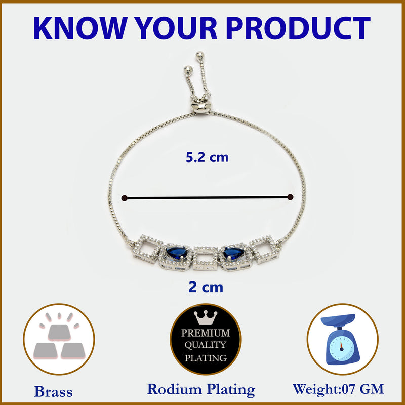 Rhodium Plated Silver Toned White Square Cut Blue Teardrop Ad Studded Wraparound Adjustable Bracelet