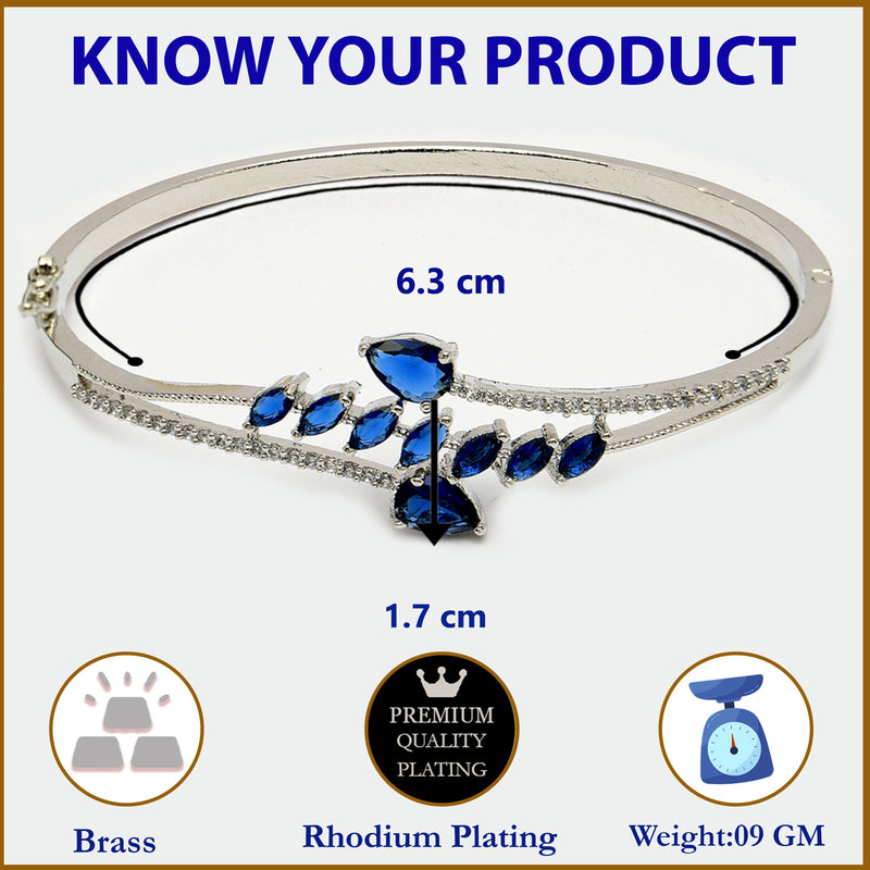 Rhodium Plated Silver Toned  Leaf Design Blue Teardrop American Diamond Studded Cuff Bracelet
