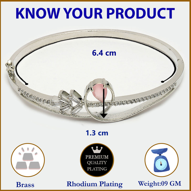 Rhodium Plated Silver Toned Pink Teardrop American Diamond Studded Cuff Bracelet