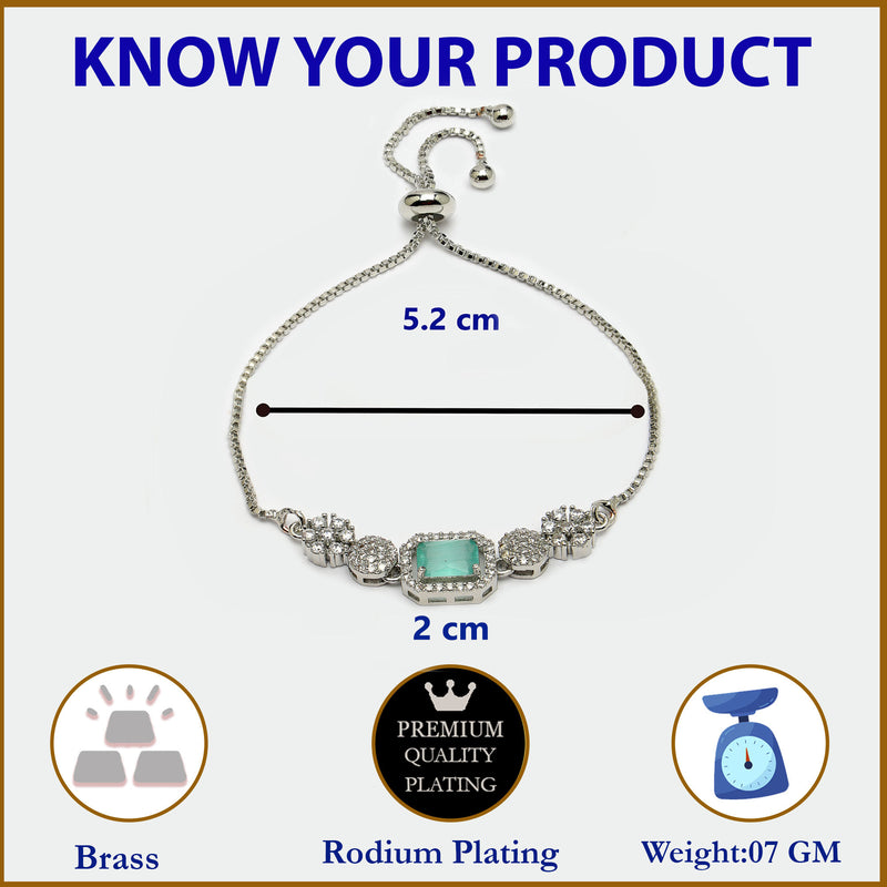 Rhodium Plated Silver Toned Mint Green Square Centerpiece Ad Studded Bracelet With Beads & Floral Accents Wraparound Adjustable Bracelet