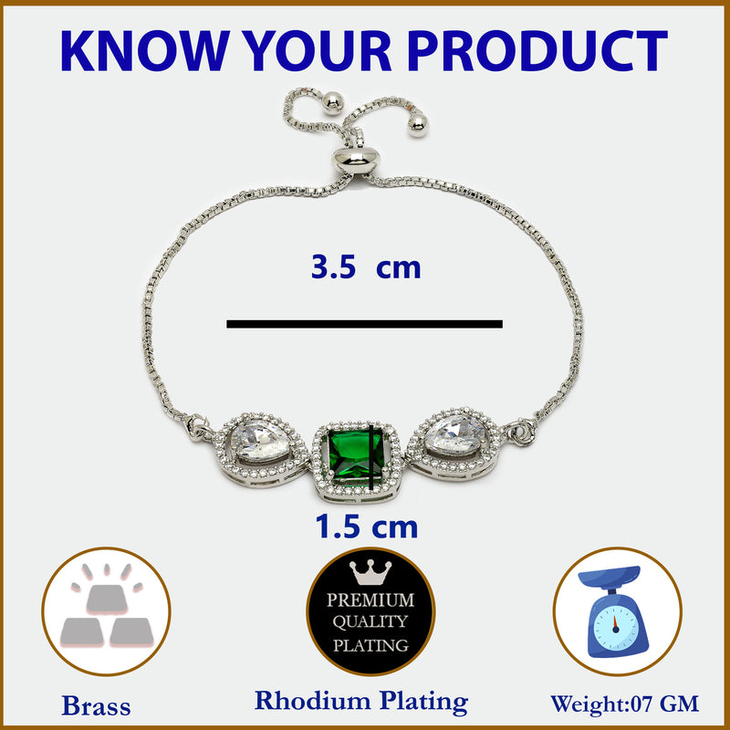 Rhodium Plated Silver Plated Square Emerald Green  American Diamond Studded Bracelet