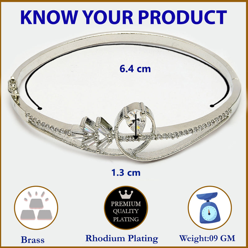 Rhodium Plated Silver Toned White Teardrop American Diamond Studded Cuff Bracelet