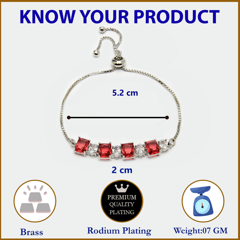 Rhodium Plated Silver Toned White Round & Red Square Cut AD Studded Bracelet | Wraparound Adjustable Bracelet