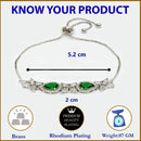 Rhodium Plated Silver Toned White Flower & Green Teardrop AD Studded Wraparound Adjustable Bracelet