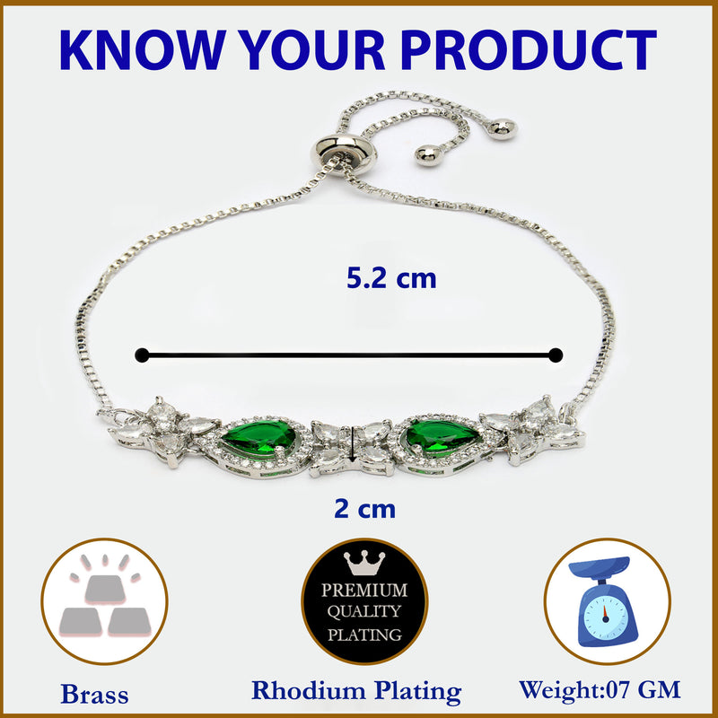 Rhodium Plated Silver Toned White Flower & Green Teardrop AD Studded Wraparound Adjustable Bracelet
