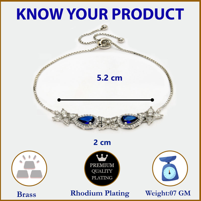 Rhodium Plated Silver Toned White Flower & Blue Teardrop American Diamond Studded Wraparound Adjustable Bracelet