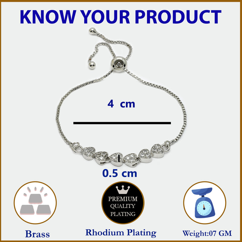 Rhodium Plated Silver Plated Heart Shaped White American Diamond Studded  Bracelet
