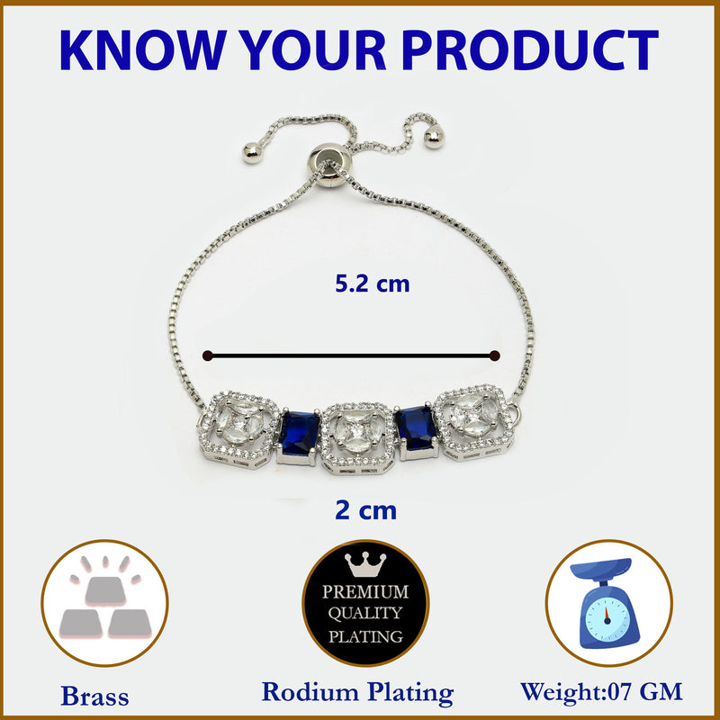 Rhodium Plated Silver Toned White Round & Blue Rectangle American Diamond Wraparound Adjustable Bracelet