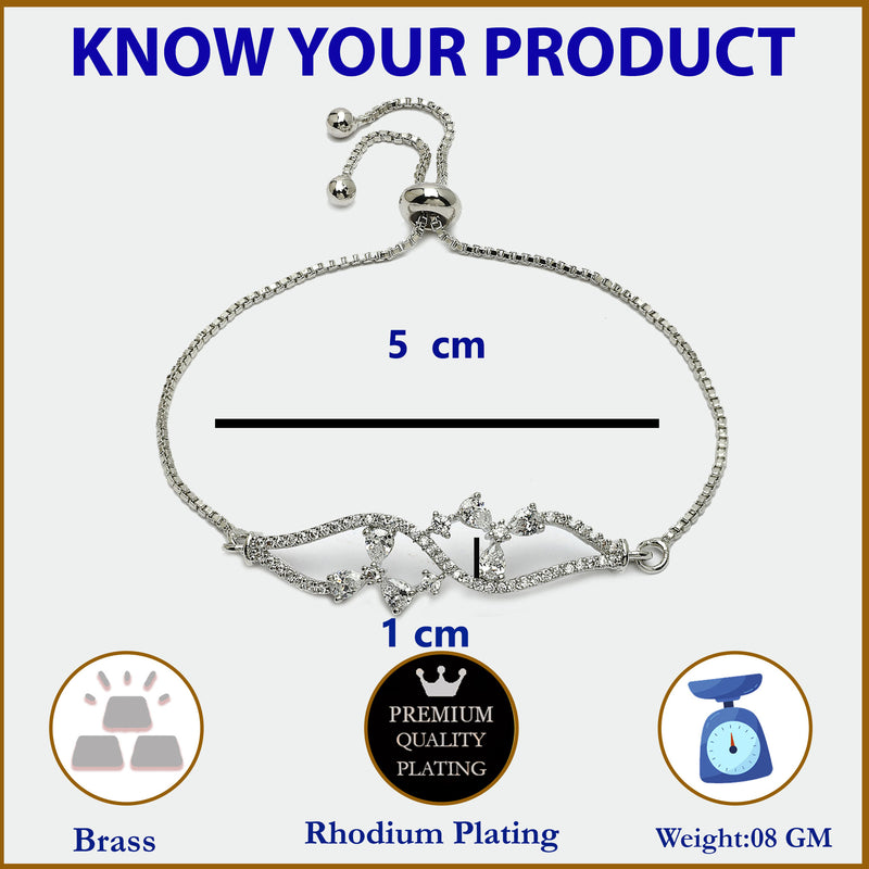 Rhodium Plated Silver Toned Floral White American Diamond Studded Bracelet