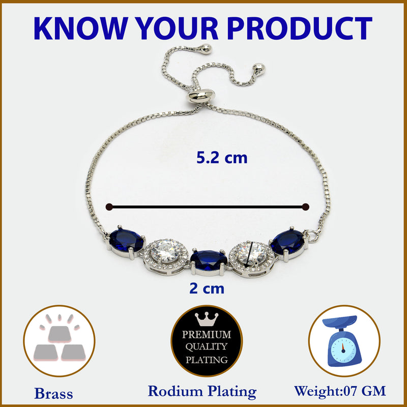 Rhodium Plated Silver Toned White Round & Blue  Oval AD Studded Wraparound Adjustable Bracelet