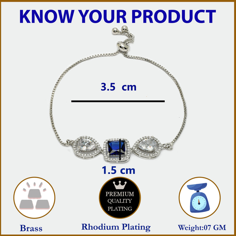 Rhodium Plated Silver Toned Royal Blue American Diamond Studded Bracelet