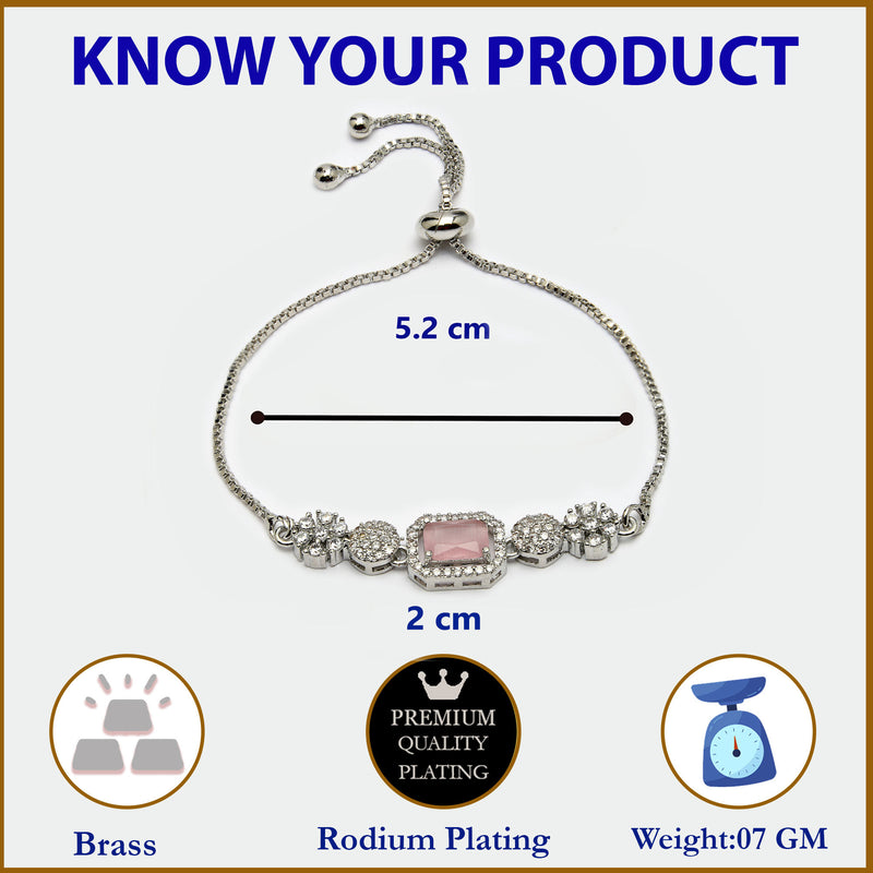 Rhodium Plated Silver Toned Pink Square Centerpiece Ad Studded Bracelet With Beads & Floral Accents Wraparound Adjustable Bracelet