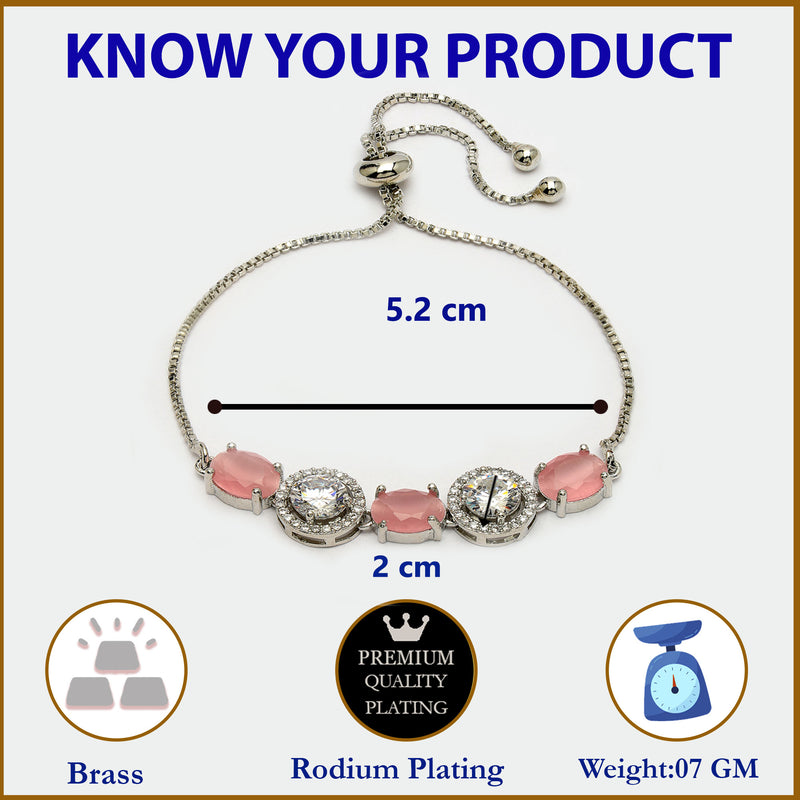 Rhodium Plated Silver Toned White Round & Pink Oval American Diamond Studded Wraparound Adjustable Bracelet