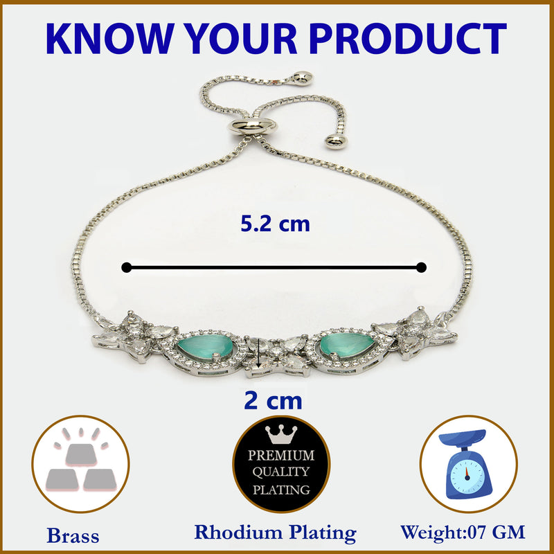 Rhodium Plated Silver Toned White Flower & Mint Green Teardrop American Diamond Studded Wraparound Adjustable Bracelet