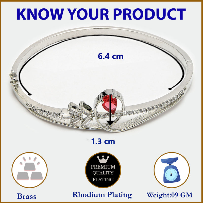 Rhodium Plated Silver Toned Red Teardrop  American Diamond Studded Cuff Bracelet