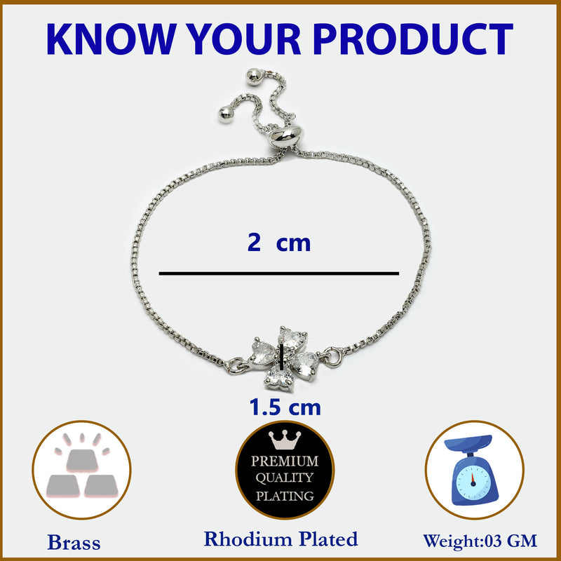 Rhodium Plated Silver Toned Floral White American Diamond Studded Bracelet