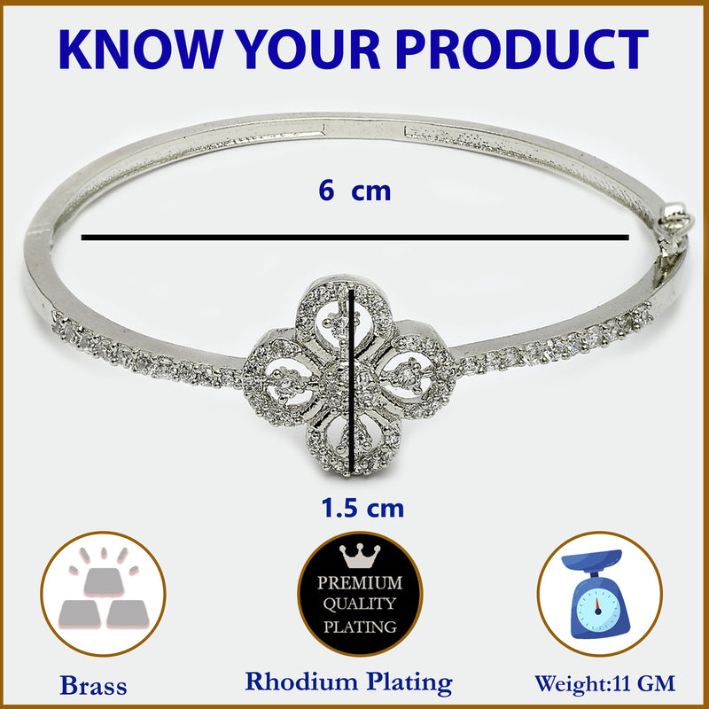 Rhodium Plated Silver Toned Floral White American Diamond Studded Bracelet