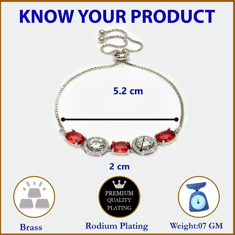 Rhodium Plated Silver Toned White Round & Red Oval AD Studded  Wraparound Adjustable Bracelet
