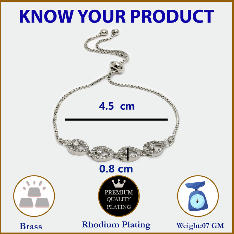 Rhodium Plated Silver Toned Drop Shaped White American Diamond Studded Bracelet