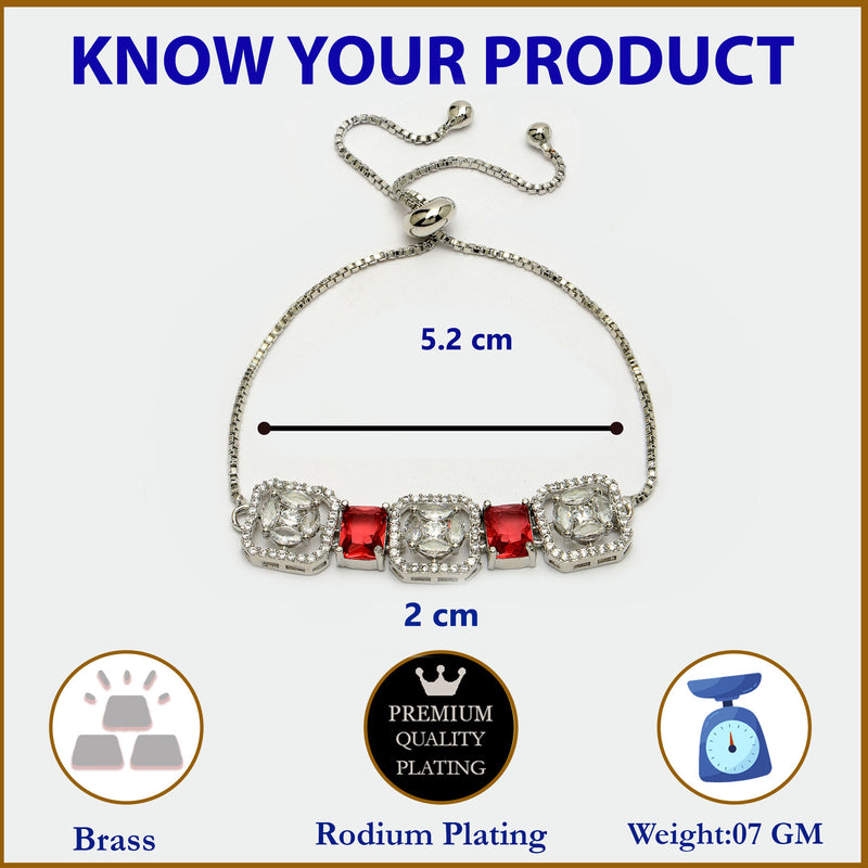 Rhodium Plated Silver Toned White Round & Red Rectangle American Diamond Studded Wraparound Adjustable Bracelet