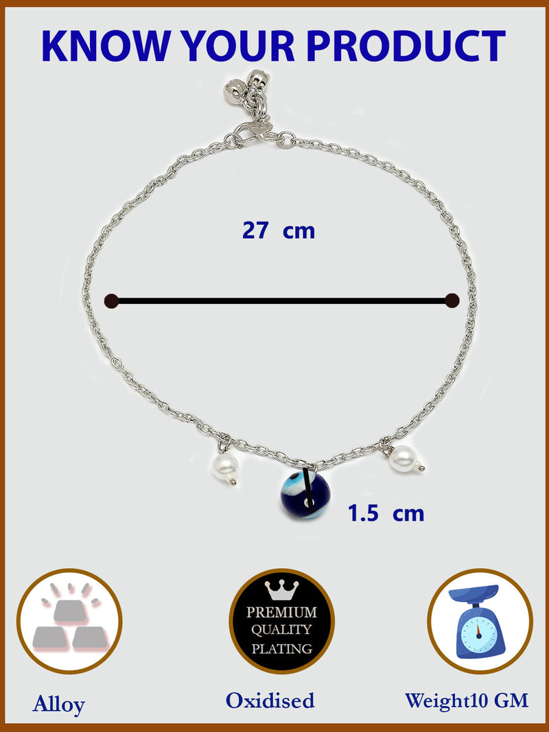 Oxidized Plated Sparkling Thin Chain Design with White & Blue Pearl Anklet