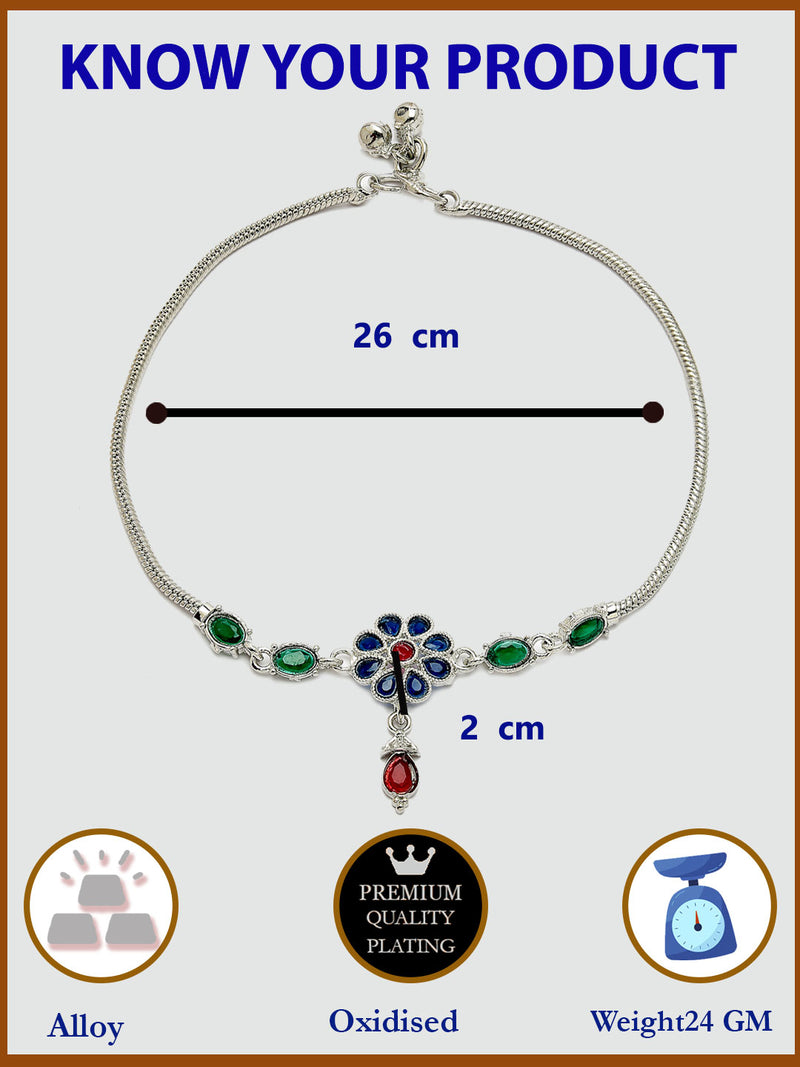 Oxidized Plated Silver Toned Anklet with Cubic Zirconia Stone in Sparkling Floral Design