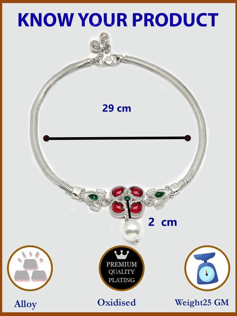 Oxidized Plated with Red & Green Cubic Zirconia & Pearl Studded Traditional Design Anklet