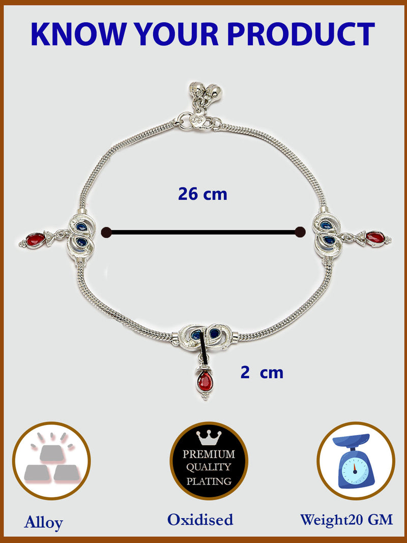 Oxidized Plated with Red & Blue Cubic Zirconia in Sparkling Traditional Design Anklet