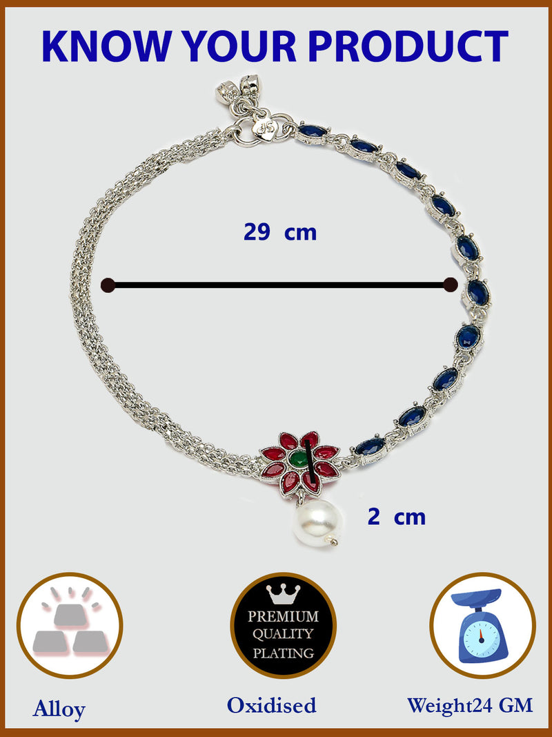 Oxidized Plated Silver Toned Anklet with Cubic Zirconia & Pearl in Sparkling Floral Design