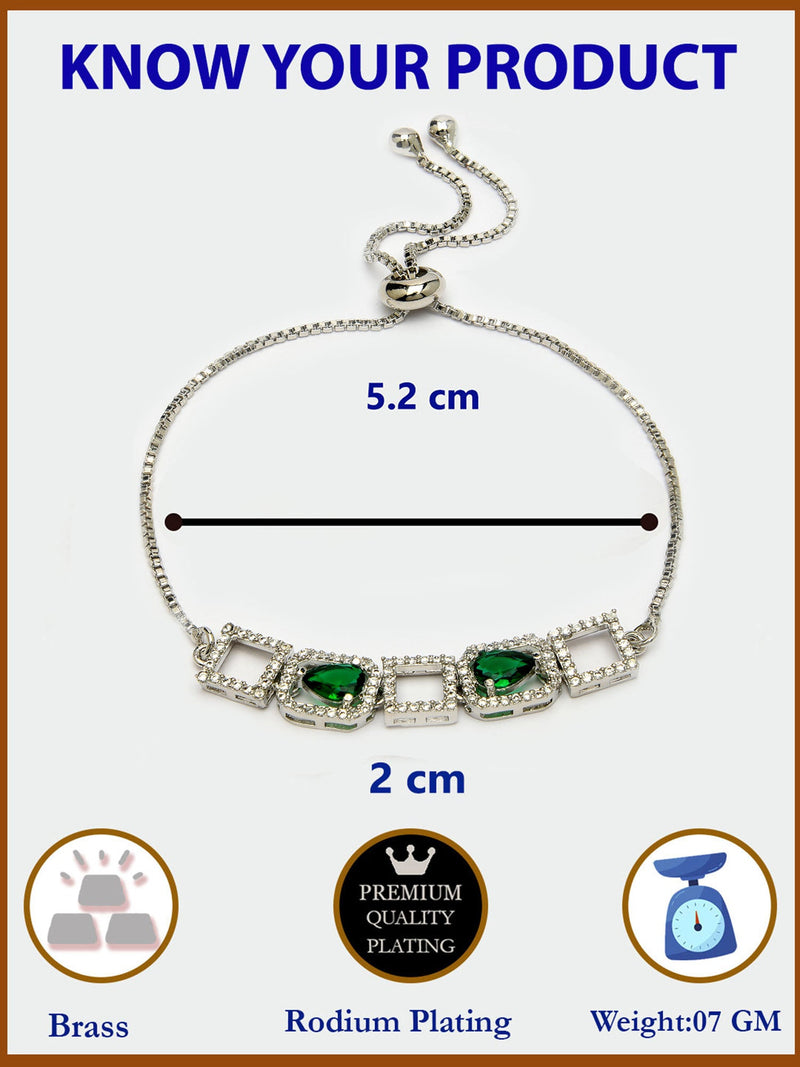 Rhodium Plated Silver Toned White Square Cut Green Teardrop American Diamond  Studded Wraparound Adjustable Bracelet