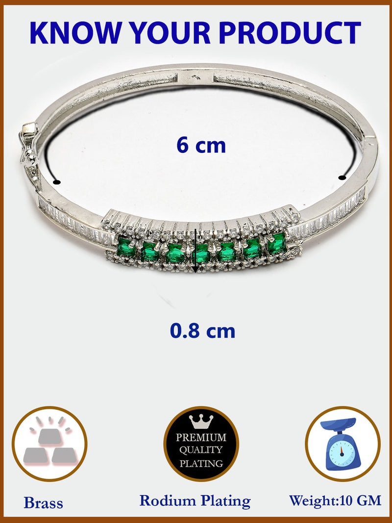 Rhodium Plated Silver Toned Minimal Round Green American Diamond Studded Cuff Bracelet