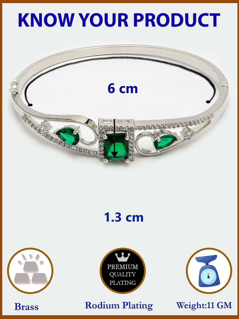 Rhodium Plated Silver Toned Green Square & Teardrop American Diamond Studded Cuff Bracelet