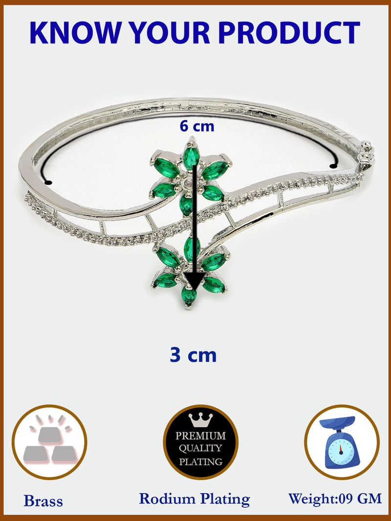 Rhodium Plated Silver Toned Floral Design Green American Diamond Studded Cuff Bracelet