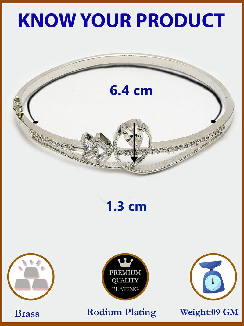 Rhodium Plated Silver Toned White Teardrop American Diamond Studded Cuff Bracelet