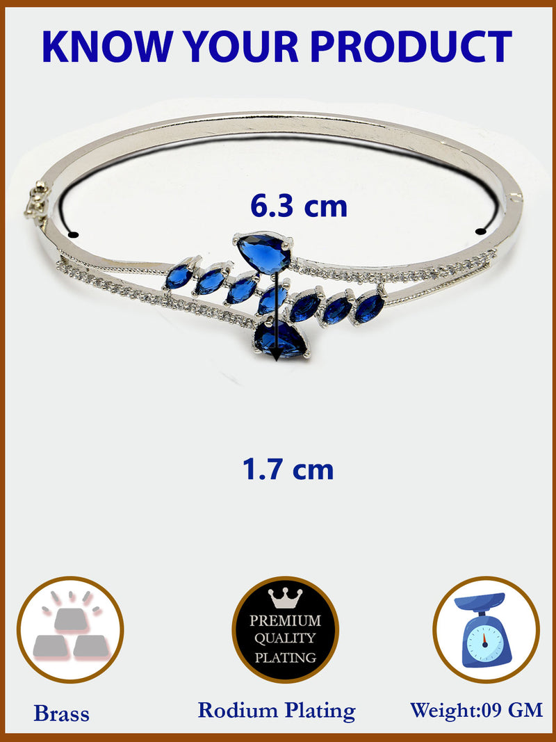 Rhodium Plated Silver Toned  Leaf Design Blue Teardrop American Diamond Studded Cuff Bracelet