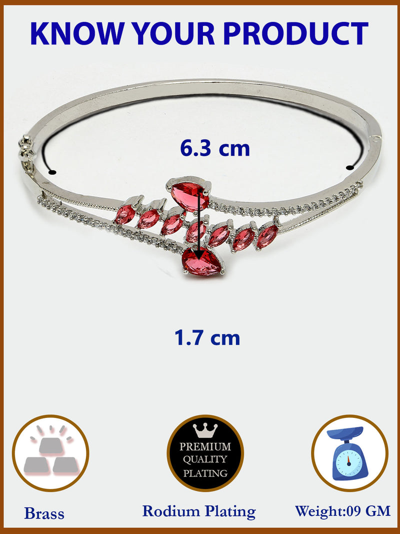 Rhodium Plated Silver Toned  Leaf Design Red Teardrop American Diamond Studded Cuff Bracelet
