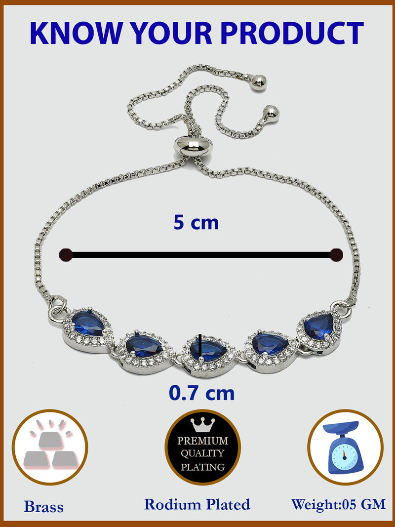 Rhodium Plated with Blue American Diamond Studded in Teardrop Design Wraparound Bracelet