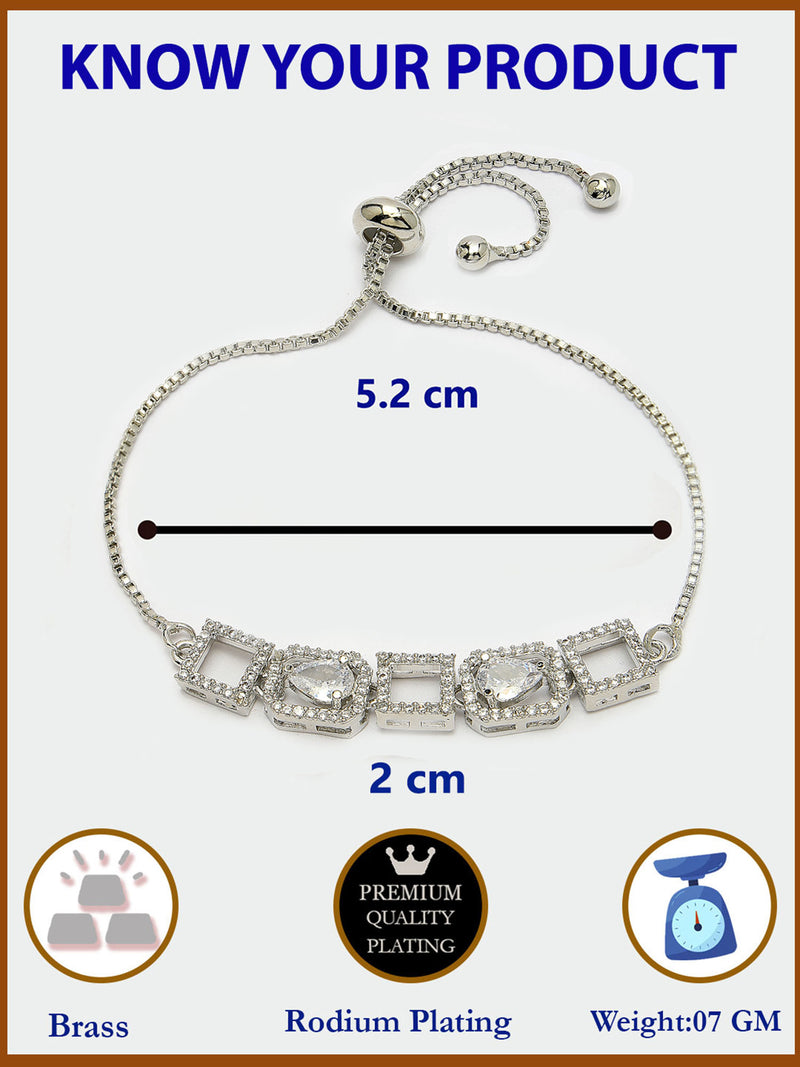 Rhodium Plated Silver Toned White Square Cut & Teardrop American Diamond Studded Wraparound Adjustable Bracelet