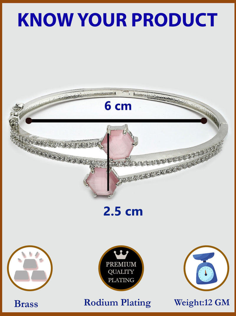 Rhodium Plated Silver Toned Round Shaped Pink American Diamond Studded Bracelet